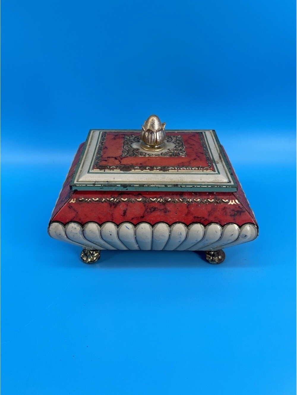 VTG Blue Bird Confectionery Tin Candy Box England Red White Footed Trinket